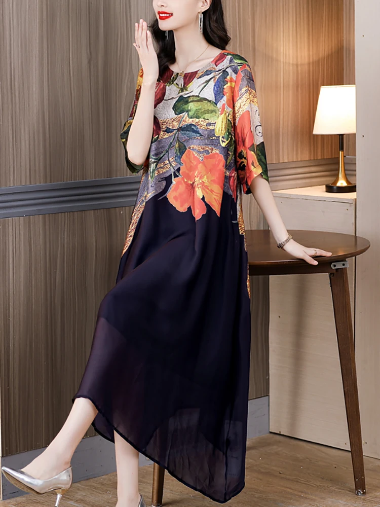 2024 Fashion Light Floral rayon Midi Dress Women Korean Elegant Loose Waist Dress Summer Vintage Luxury Chic Party Evening Dress