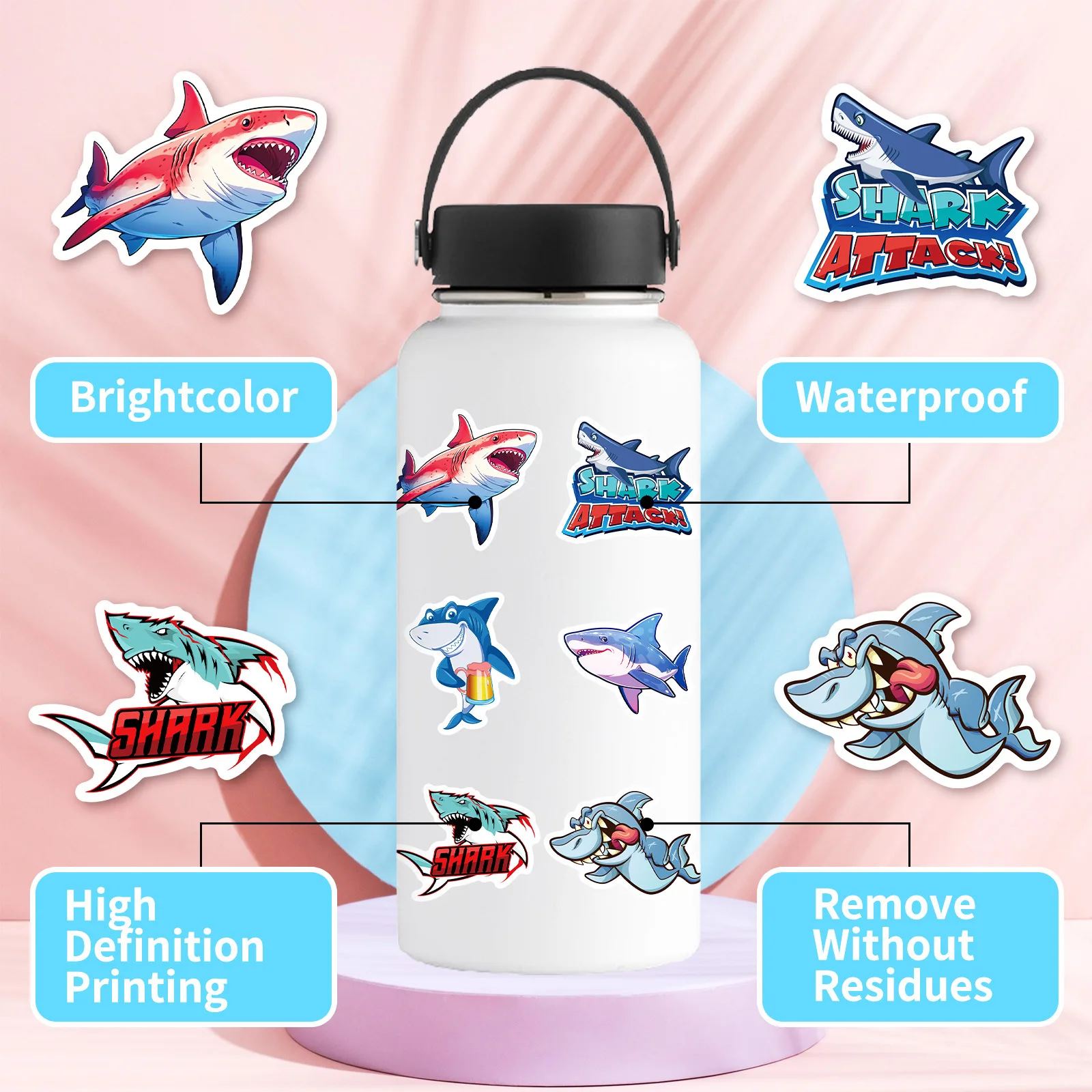 10/30/50PCS Shark Cartoon Stickers Ocean Animal Sticker DIY Scrapbook Luggage Laptop Guitar Car Bike Skateboard Kids Toys Decals