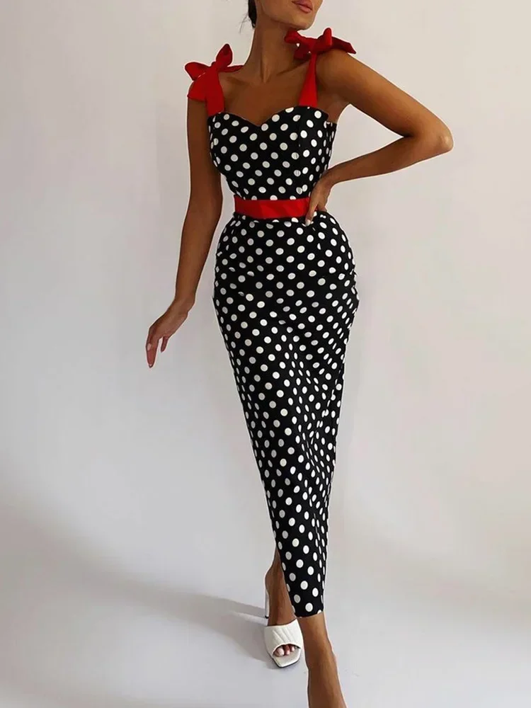 Polka Dot Knot Shoulder Bodycon Dress Women Sleeveless Sweetheart Neck Maxi Dress