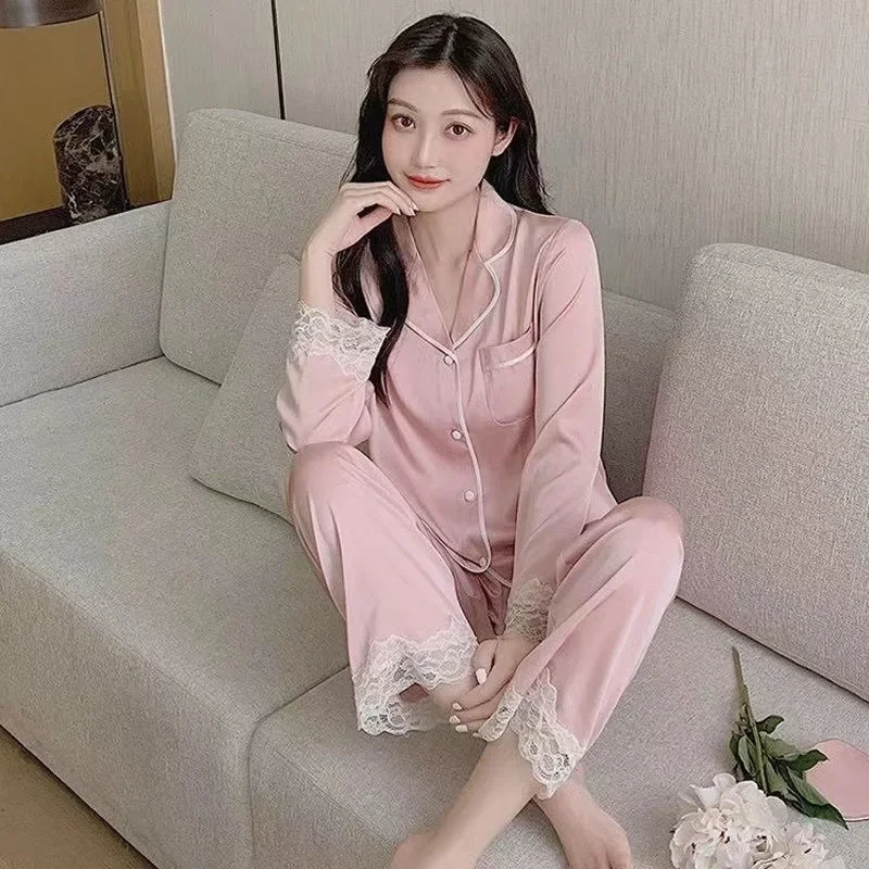 Women\'s Gray Ink Painting Ice Silk Pajamas Ladies Spring and Autumn Thin Long-Sleeved High-End Sleepwear Loungewear Cherry Print