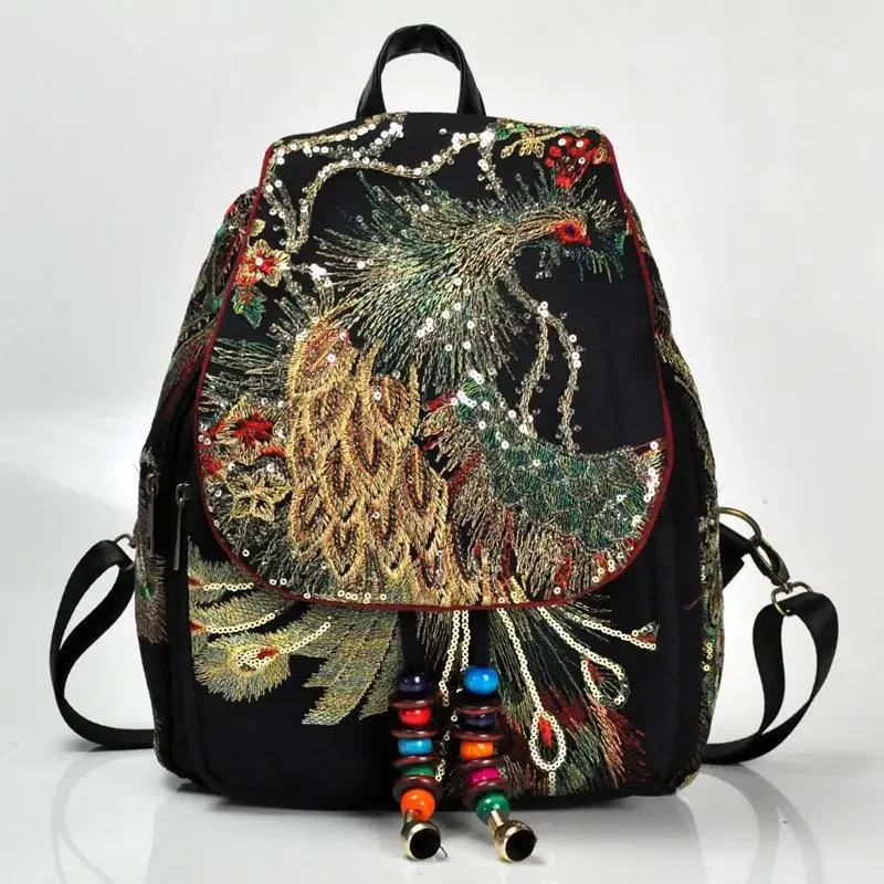 

Chinese Ethnic Style Classical Literary Youth Backpacks Peacock Embroidery Aesthetic Cute Backpack Canvas Women Travel Knapsack