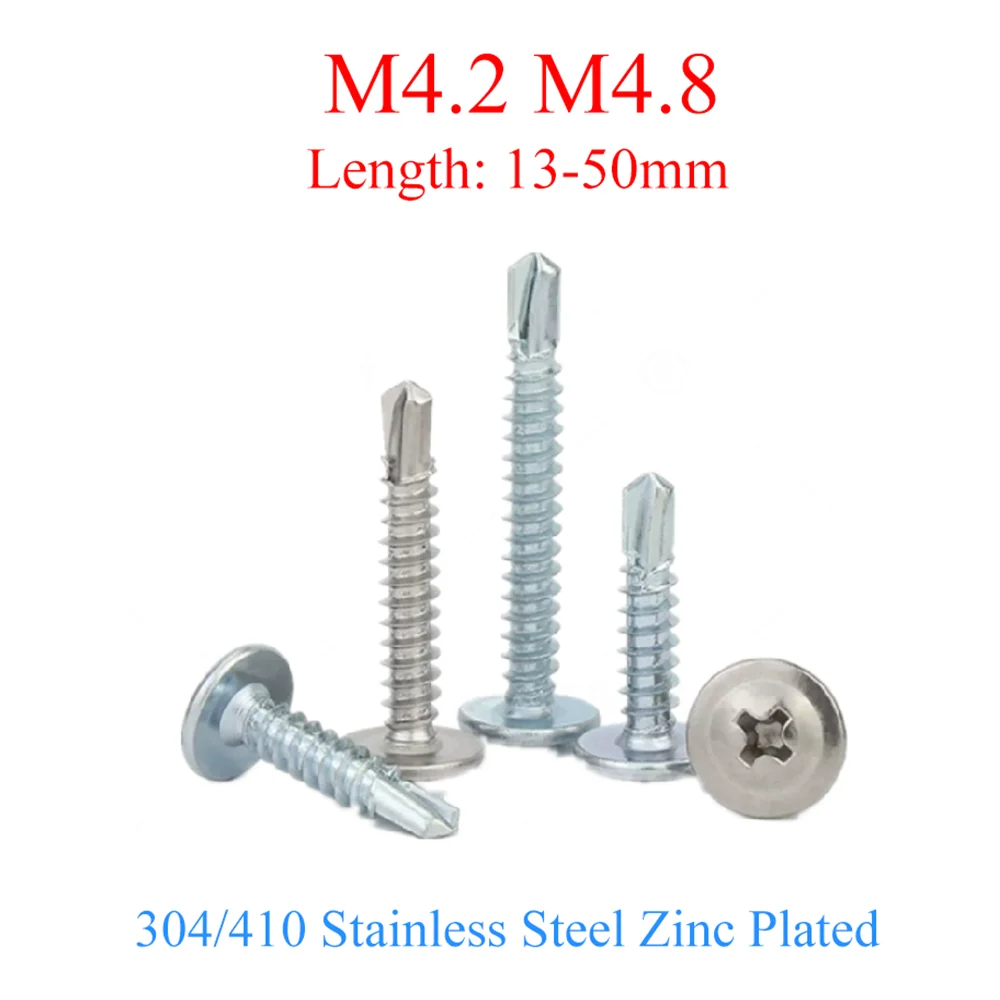 

50Pcs/lot M4.2 M4.8 304/410 Stainless Steel Zinc Plated Large Flat Head Self-tapping Screws Drilling Tail Screw Length=13-50mm