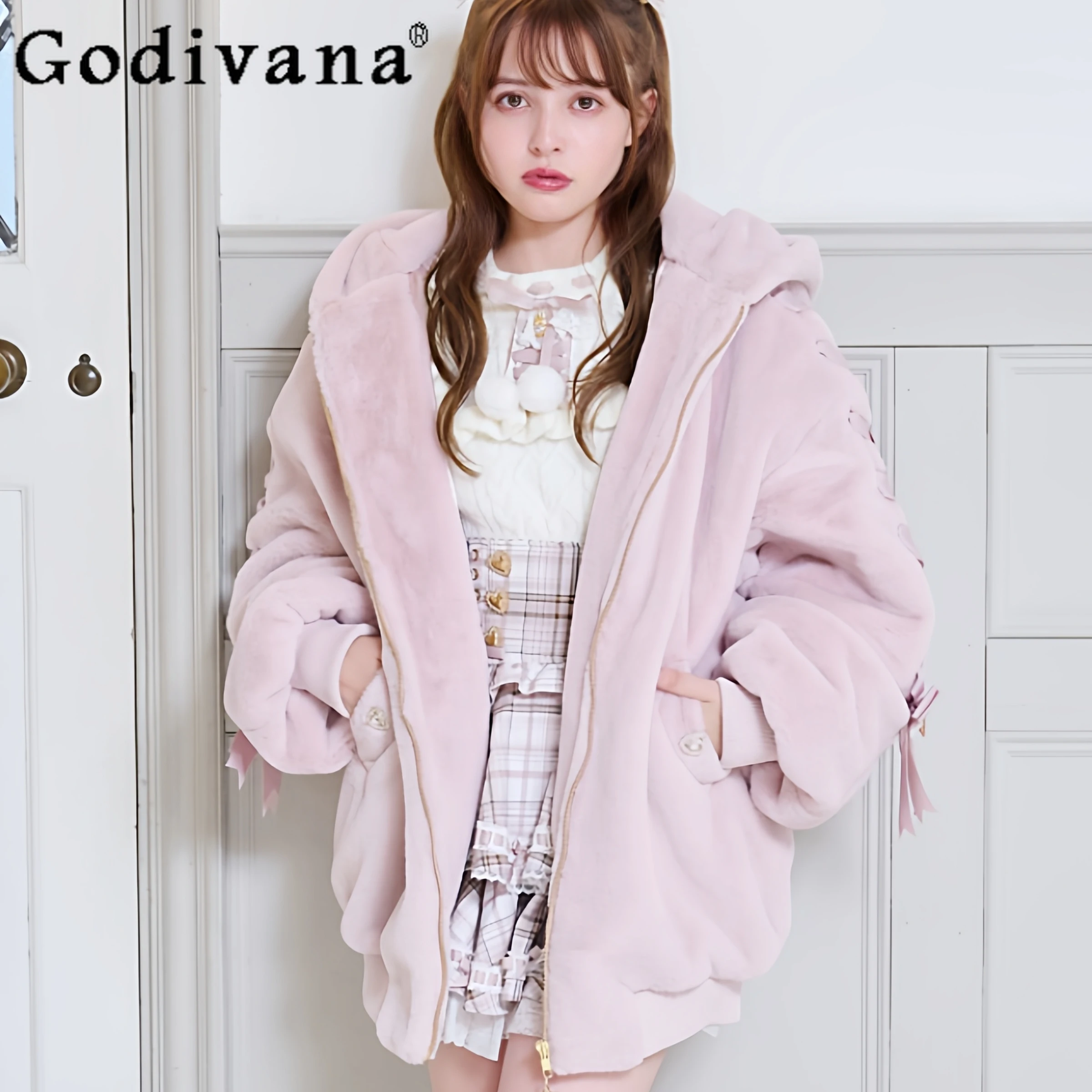

Japanese Mine Mass-Produced Sweet Lolita Pink Faux Fur Jacket Winter New Women's Loose Warm Plush Coat Rabbit Ear Hooded Jacket
