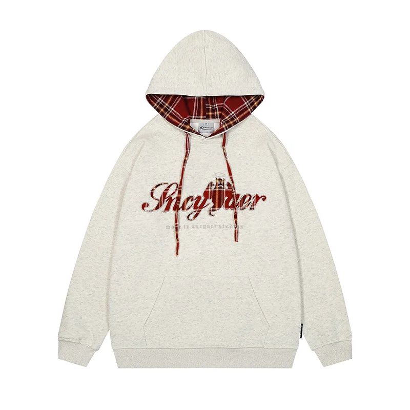 Hoodies Women American Style Street Plaid Contrast Color Pullover Hooded Sweatshirts Couple All-match Hipster Design Embroidery