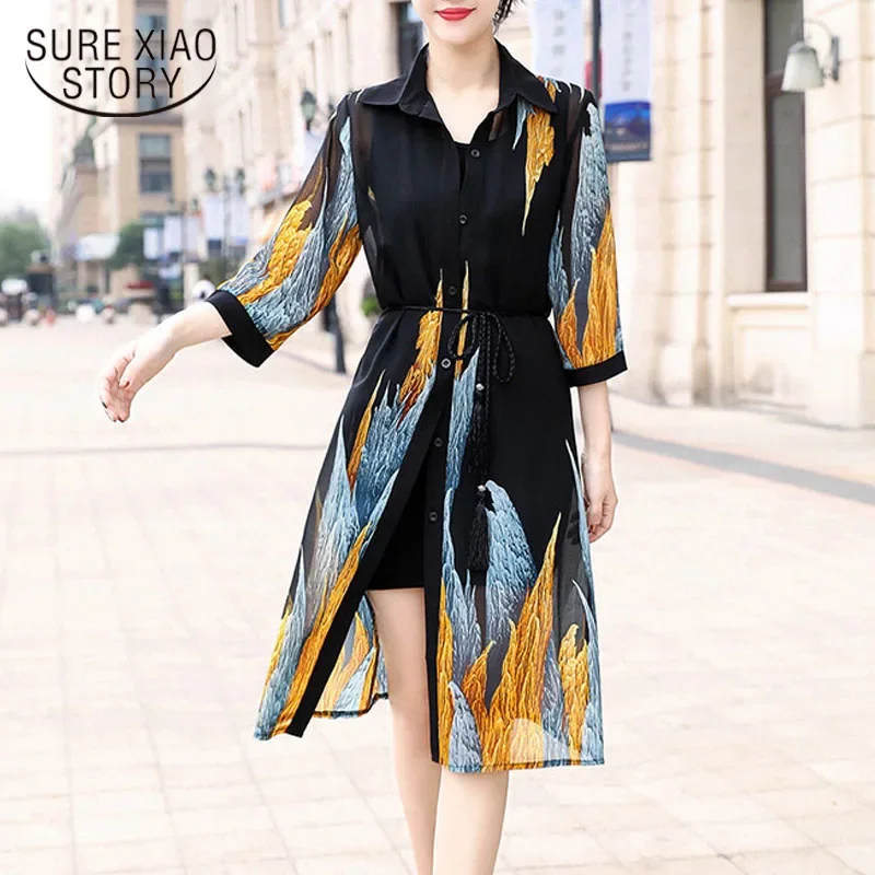 Summer Sun Protection Women Long Blouses Super Thin Floral Chiffon Cardigan Half Sleeve Loose Flower Print Blouse Shirts 9122 50