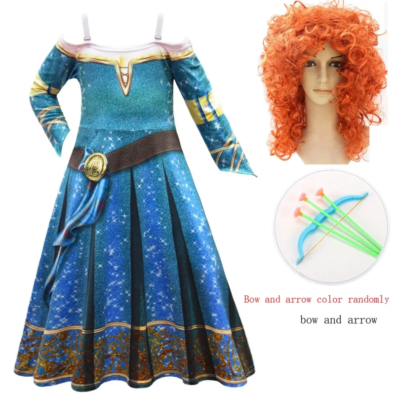 Halloween Girls Merida Dress Brave Performance Costume Summer Birthday Party Feifei Sleeves Green Gothic Vintage Dresses Wig