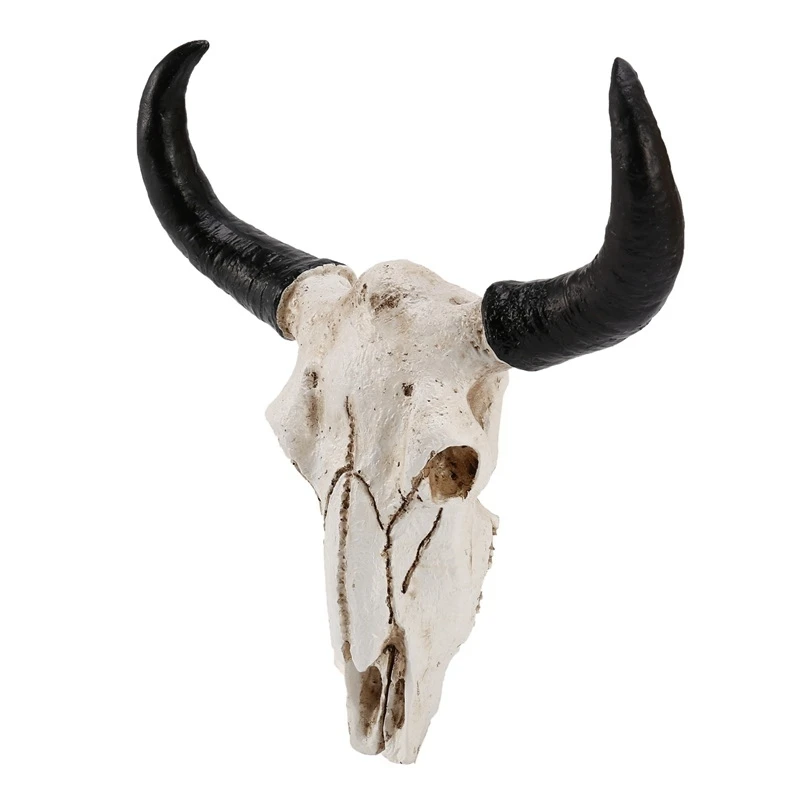 Resin Longhorn Cow Skull Head Wall Hanging Decor 3D Animal Wildlife Sculpture Figurines Crafts Horns For Home Halloween Decor