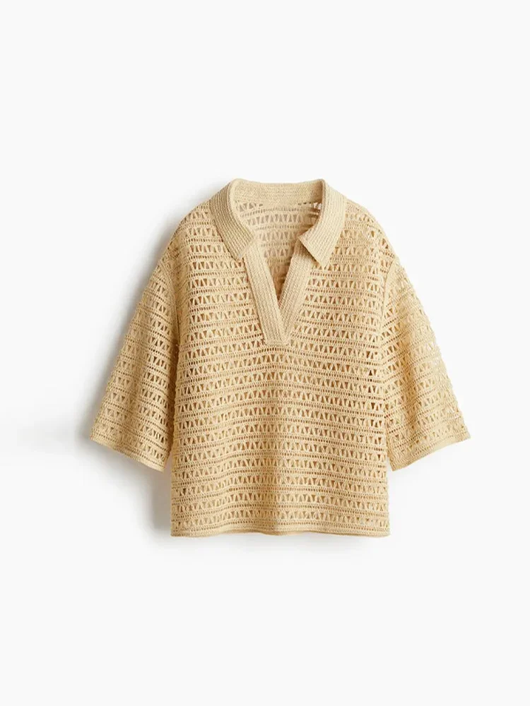 

Elegant Knitted Hallow Out Shirt Women Loose Solid Short Sleeve V-neck Sweater Female 2025 Fashion Street Top Lady
