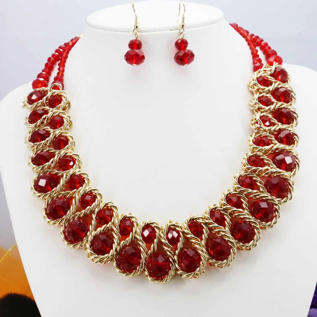 Hot Sale Colorful Crystal Glass Beads Necklaces&Earrings Sets For Women Girls Gilfs Chain 3Row DIY Jewelry Design Crafts 18inch