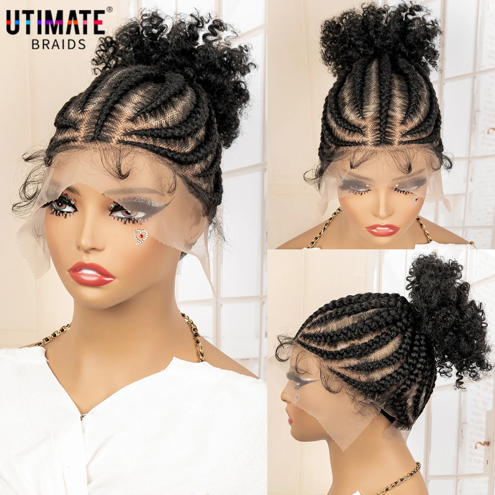 Synthetic Full Lace Braids Wig with a Bun Short Afro Curly Cornrow Braided Wig African Braiding Hair Wig for Black Women