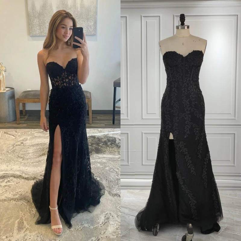 15305# Real Photo Black Customized Lace Beading Strapless Wedding Bridal Gown Birthday Party Dress For Women Prom Evening Dress