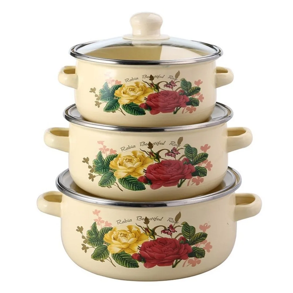 

3 шт. утолщенная эмалированная кастрюля 16/18/20 см, видимая с крышкой, кастрюля для тушения, супа, многофункциональные инструменты для приготовления пищи с цветочным рисунком, газовая индукционная плита