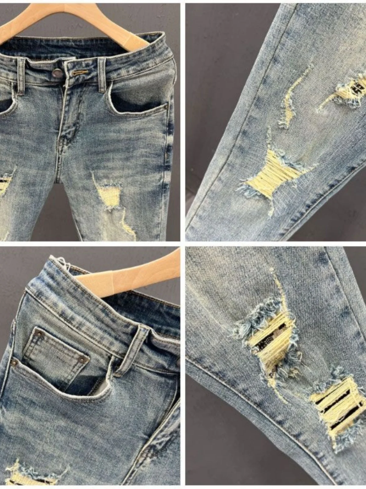 High Quali Men's Ripped Denim Jeans Tight Fit Nine Points Elastic Slim Leg Long Pants Spring Autumn New Sle Korean Version