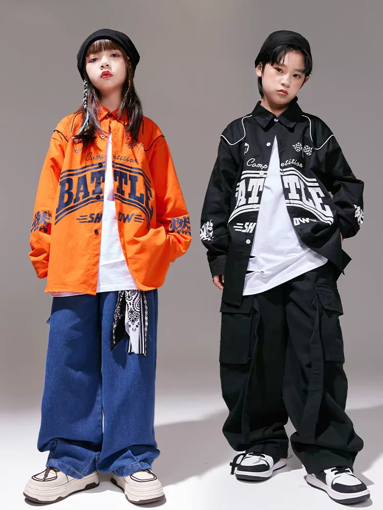 Hip hop meninas legal camisa solta jeans meninos jazz jaqueta calças de carga crianças streetwear trajes crianças conjuntos roupas dança rua
