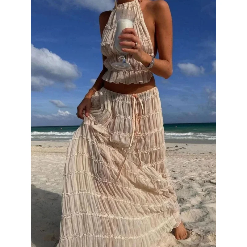 Summer new backless ruffles White dress sets sexy halter short tops fold long skorts Women 2 piece sets fashion beach outfits