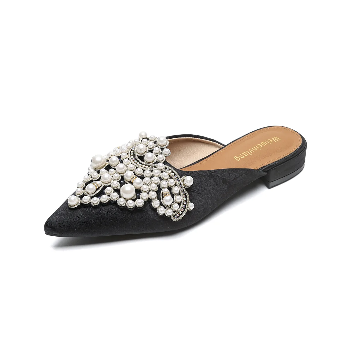Gorasion New Women Summer Slippers Pointed Toe Pearl Rhinestones Square Heel Mules Satin Craystal Elegant Solid Silp-on Sandals