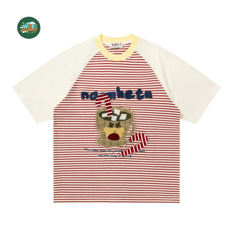 HELLOMARCEL Luxury Quality EU US Size Casual T-Shirt High Street Retro Tea Cup Flock Color-Block Raglan Sleeve Striped T-Shirt