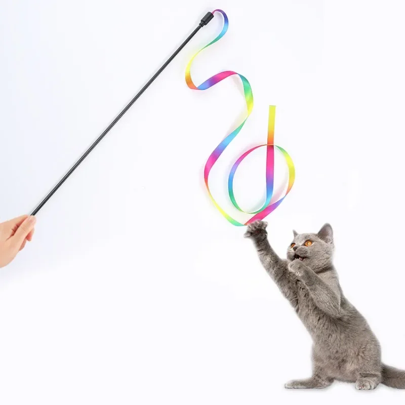 Interactive Coloured Ribbon Cat Toys Teasing Catd Stick Satin Ribbon Cat Stick Toys Kitten Playing Teaser Wand Toy Pet Supplies