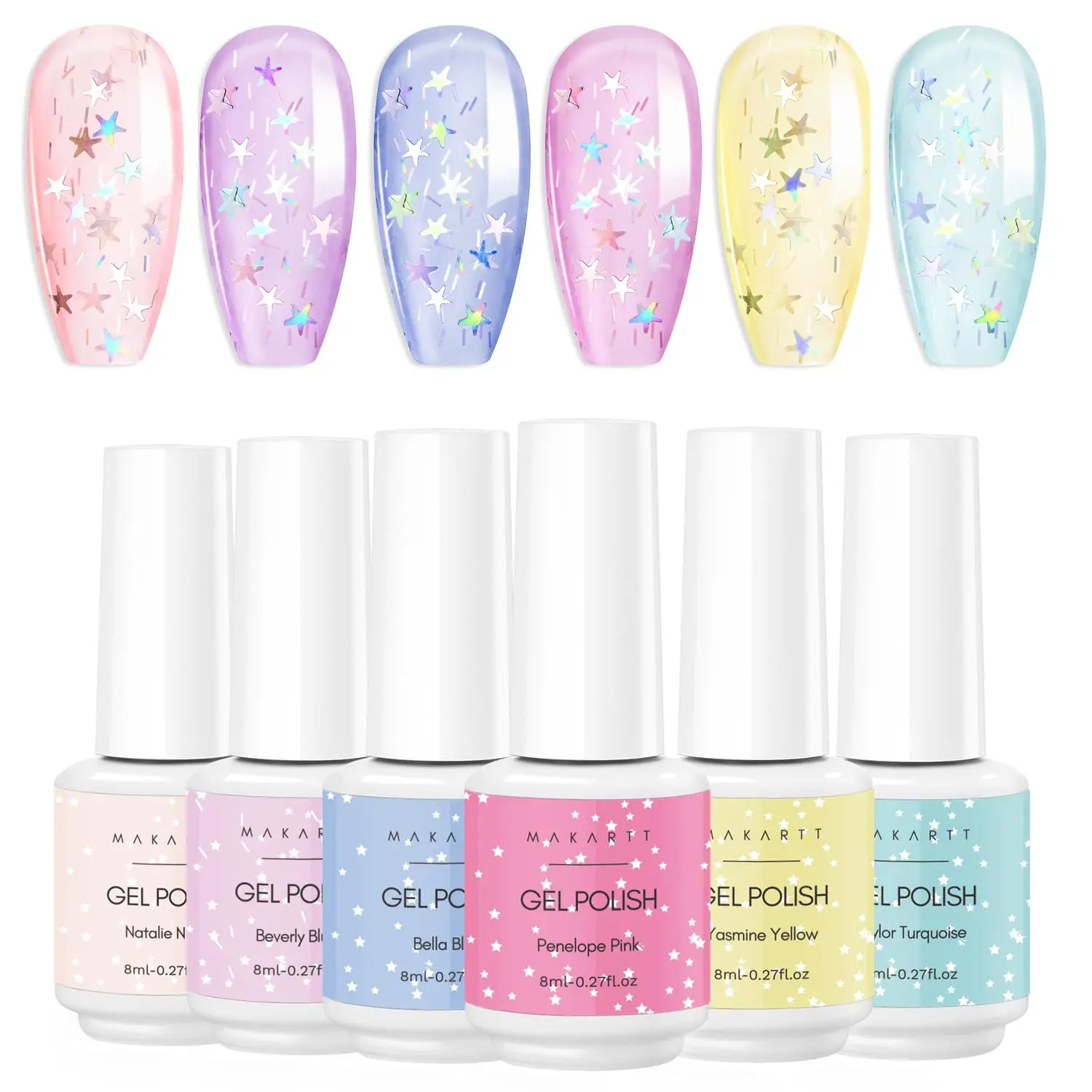 Makartt Gel Nail Polish Set Jelly Clear Glitter Pink Blue Soak Off Gel with Irridescent Stars, Crystal Transparent Nail Varnish