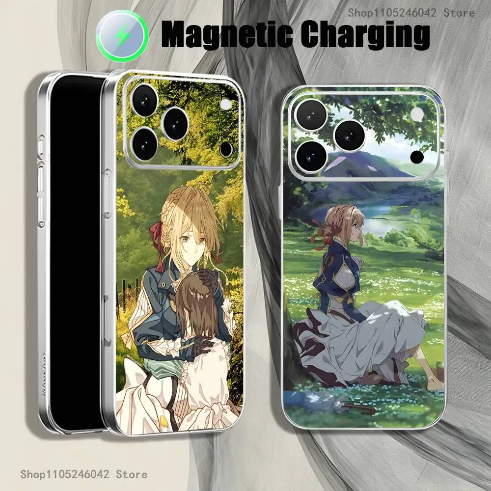 V-Violet Evergarden Novel For iPhone 17,16,15,14,13,12,11,Pro,Max,Plus Magnetic Wireless Charging Transparent White Phone Case