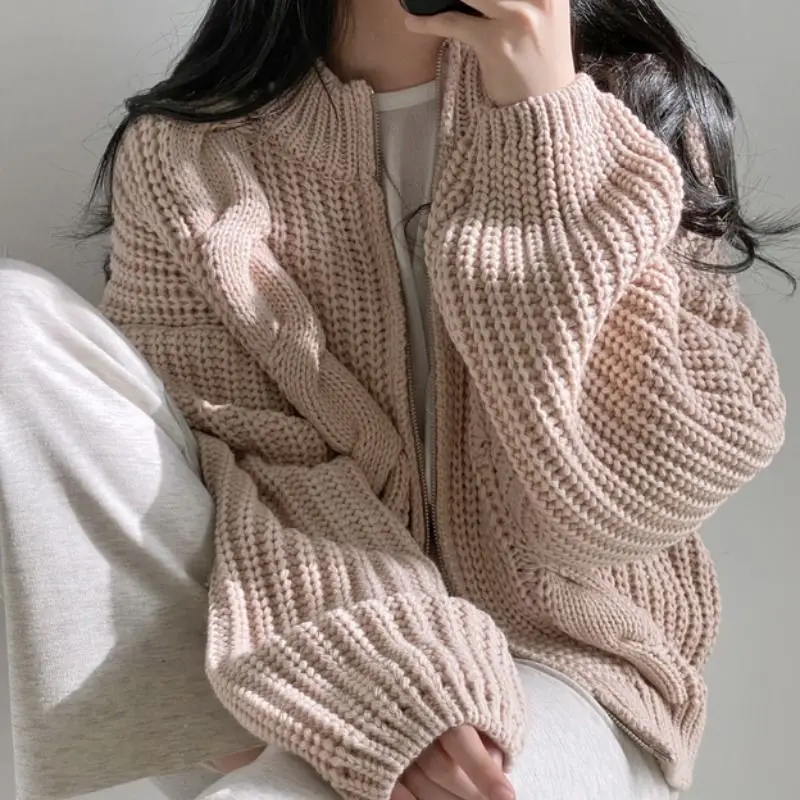 Rimocy Chic Zipper Up Knitted Cardigan Women Autumn Winter Solid Color Twisted Sweater Woman Wild Long Sleeve Jumper Coats Mujer