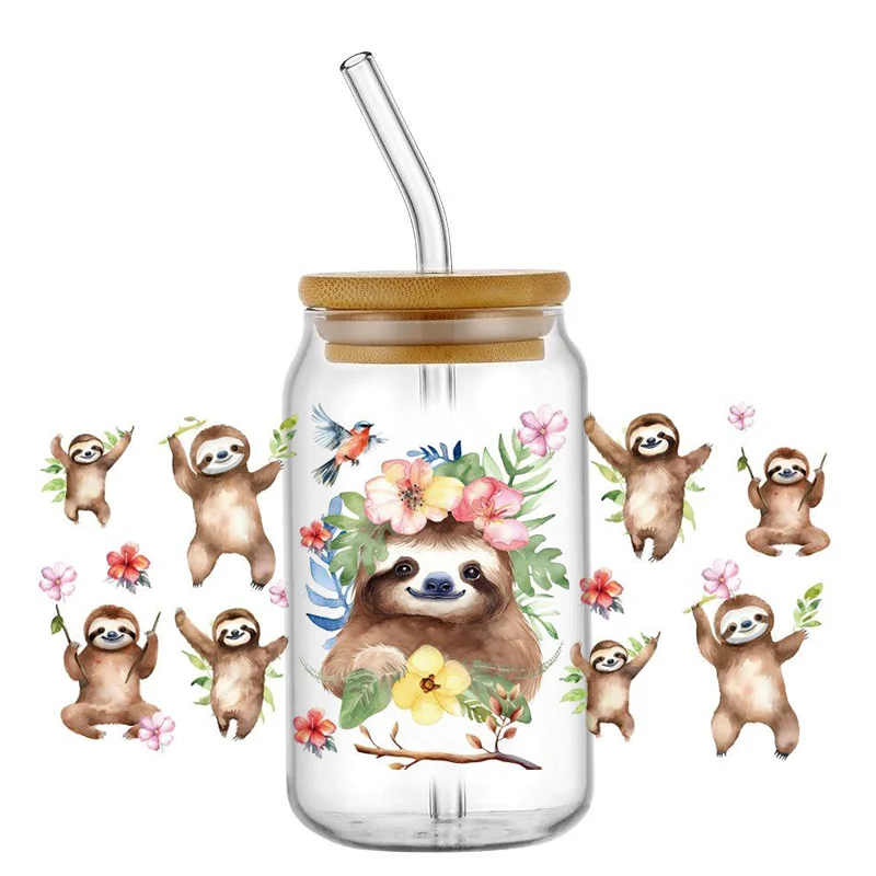 MINISO 3D Bradypode Series Decal 16oz Libbey UV DTF Cup Wrap DIY Mug Waterproof Sloth Transfer Sticker