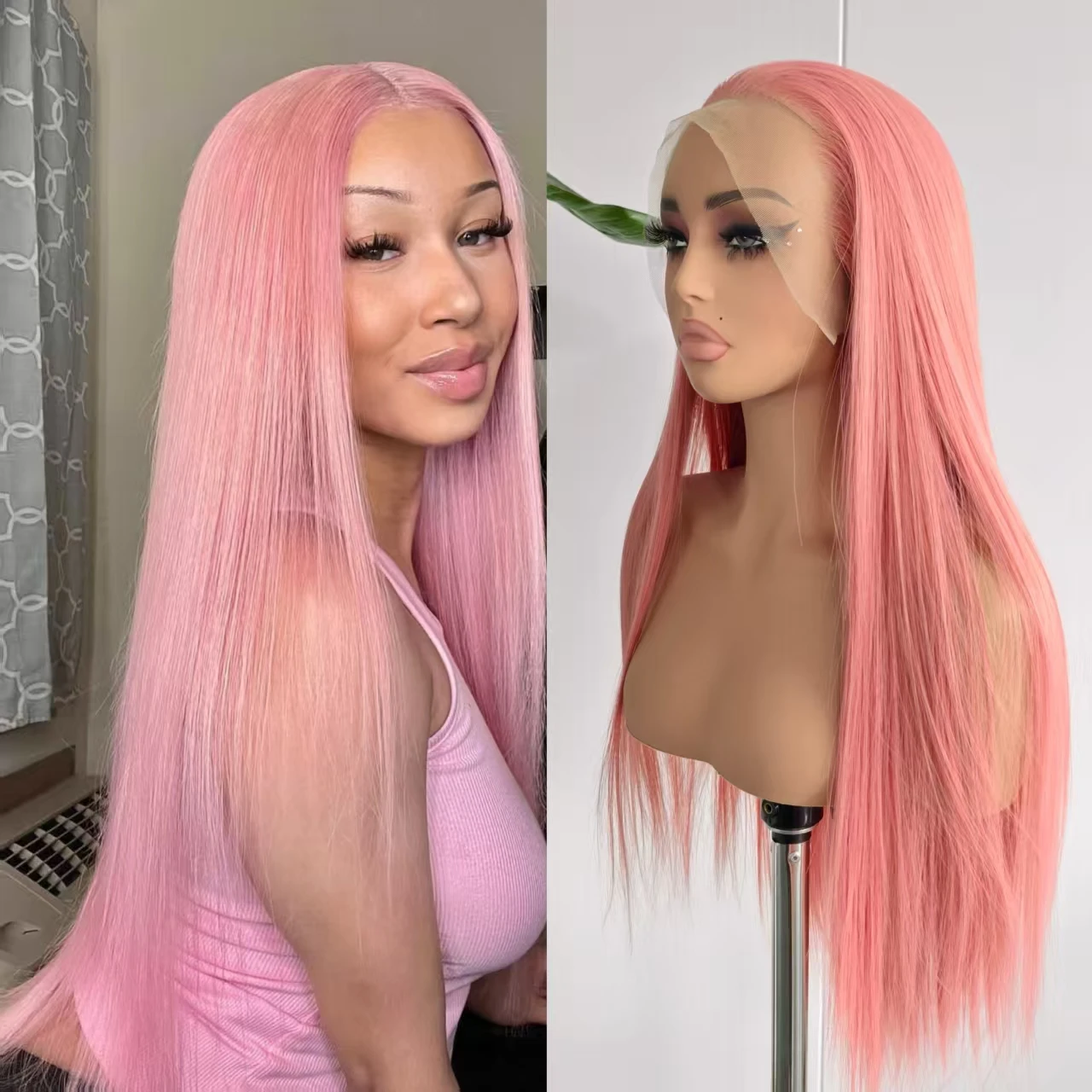 

Pink Lace Front Wig Synthetic Heat Resistant Fiber Wig Long Straight Pink Wig for Women Cosplay Daily Use