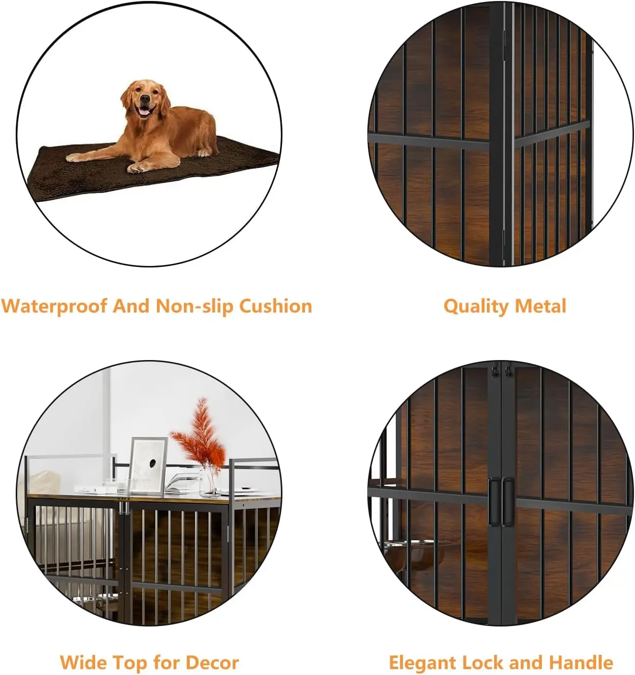 Furniture Style Large Dog Crate with 360° & Adjustable Raised Feeder for Dogs 2 Stainless Steel Bowls -End Table House Pad