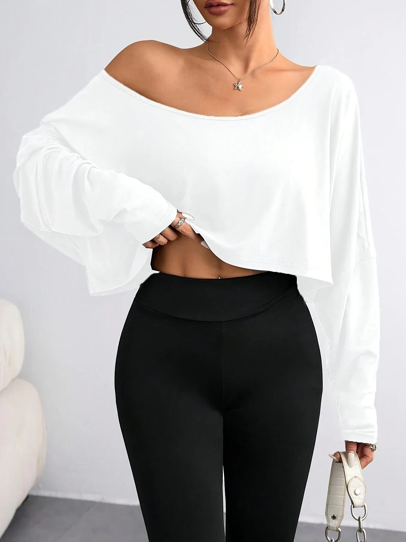 Plus Size 1XL-5XL Women's Fashion Off Shoulder Asymmetric Collar Long Sleeve Casual T-shirt Two Piece Set