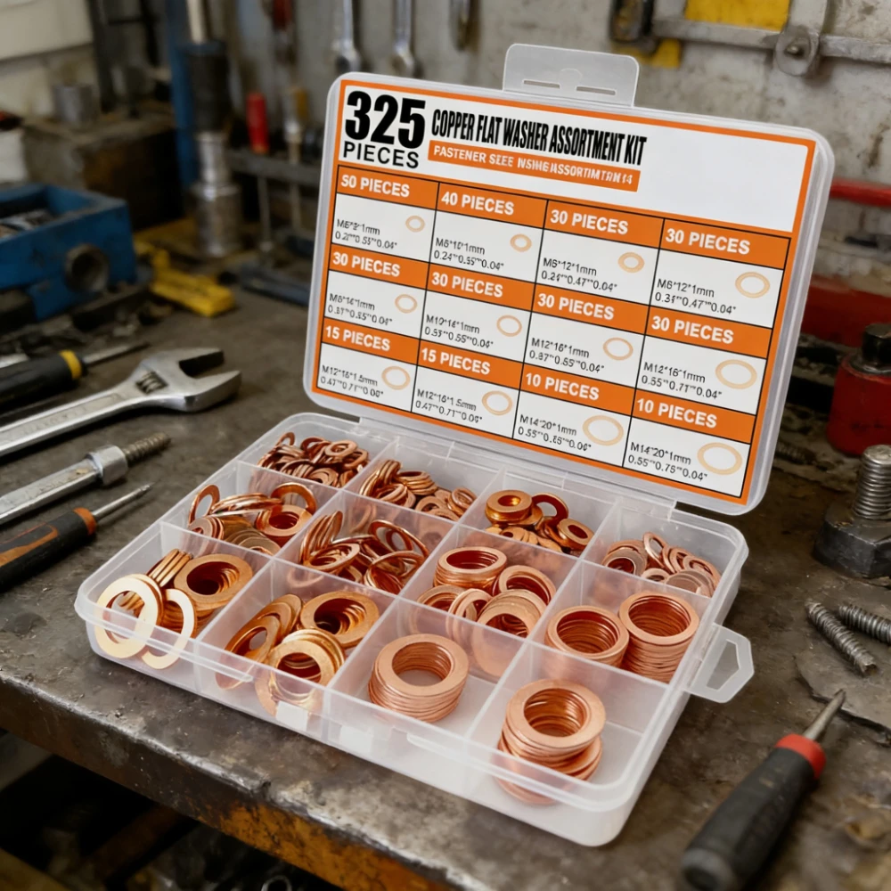 325pcs Flat Copper Washers Set, Copper Crush Washers Gasket Sealing spacer Assortment Kit,M6/M8/M10/M12/M14 for drain oil plug