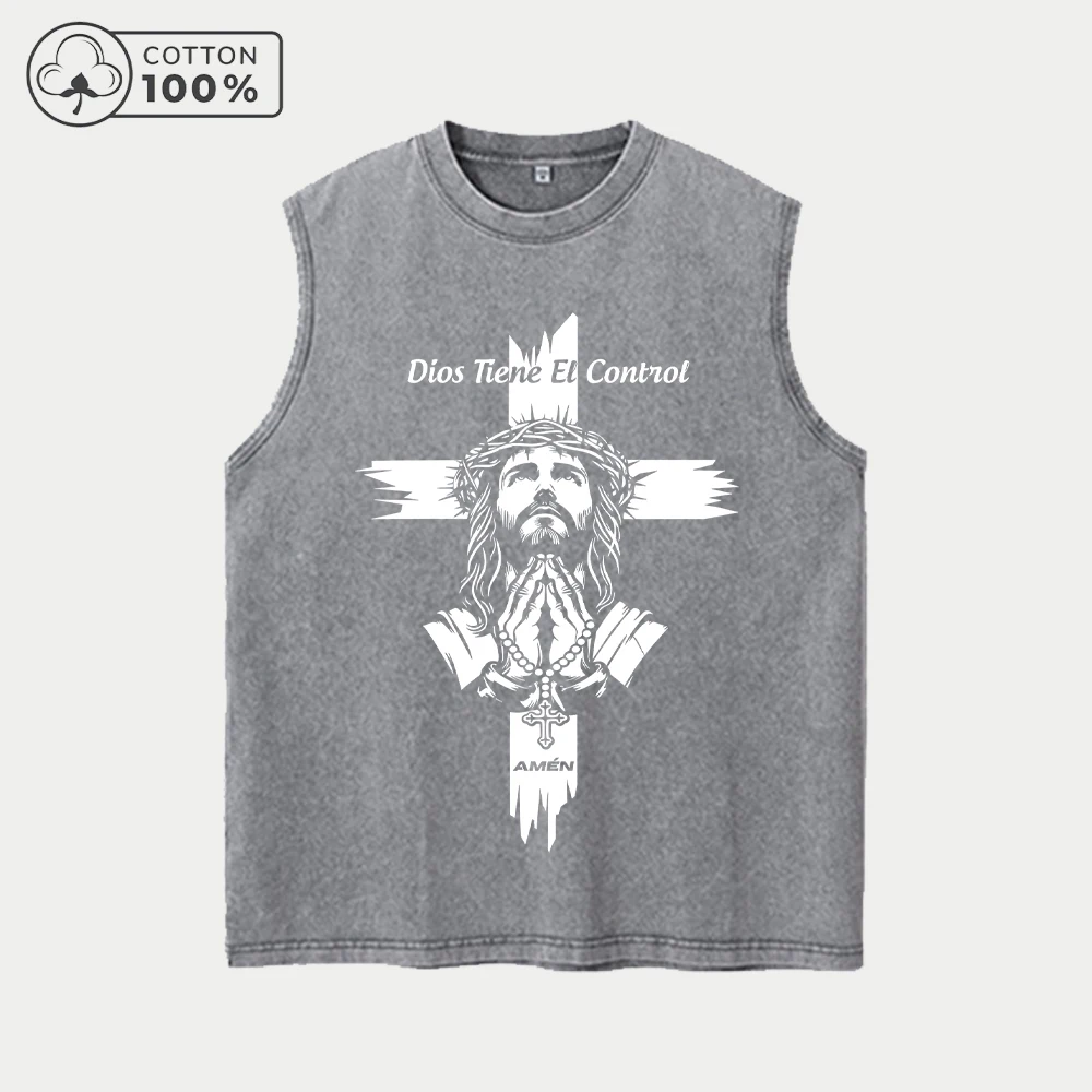 Men's Gym Washed Vest With Jesus Prayer Print Retro Casual Pure Cotton Crew Neck Sleeveless Top Summer Commute Training Top