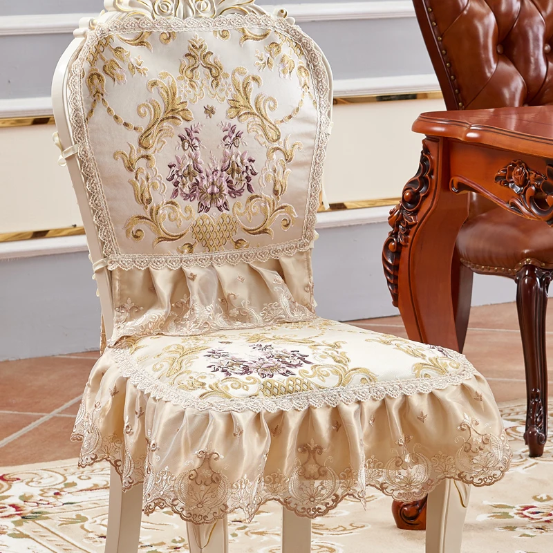 European Luxury Chair Seats and Head Covers Sets Lace Embroidered Retro Khaki Cushion Cover Non-slip Home Decor Noble Jacquard