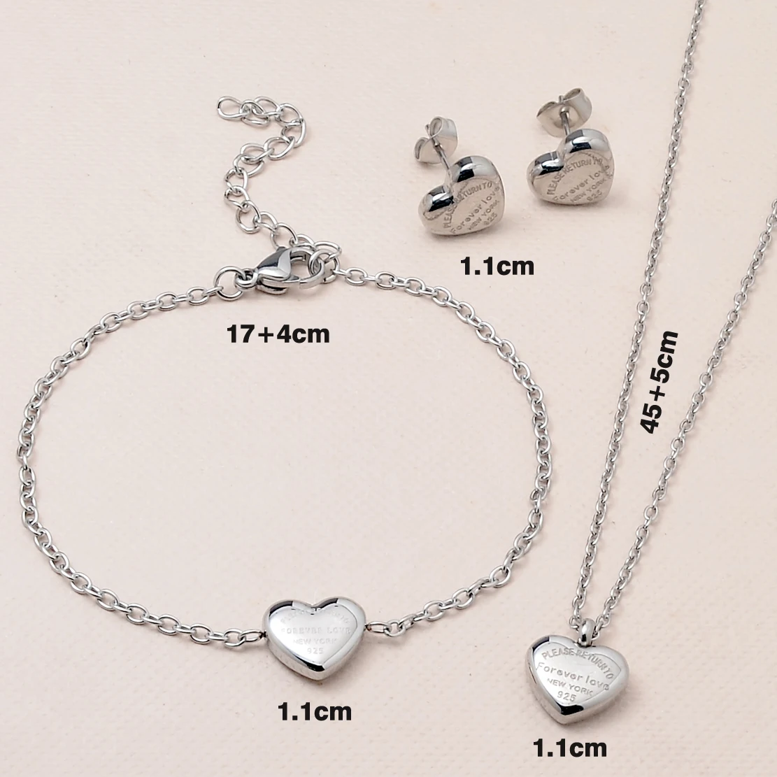 HIIMAO Fashion Stainless Steel Stereoscopic Peach Heart Earrings Bracelet Necklace Set 2024 New Women's Jewelry Gift HMS0006