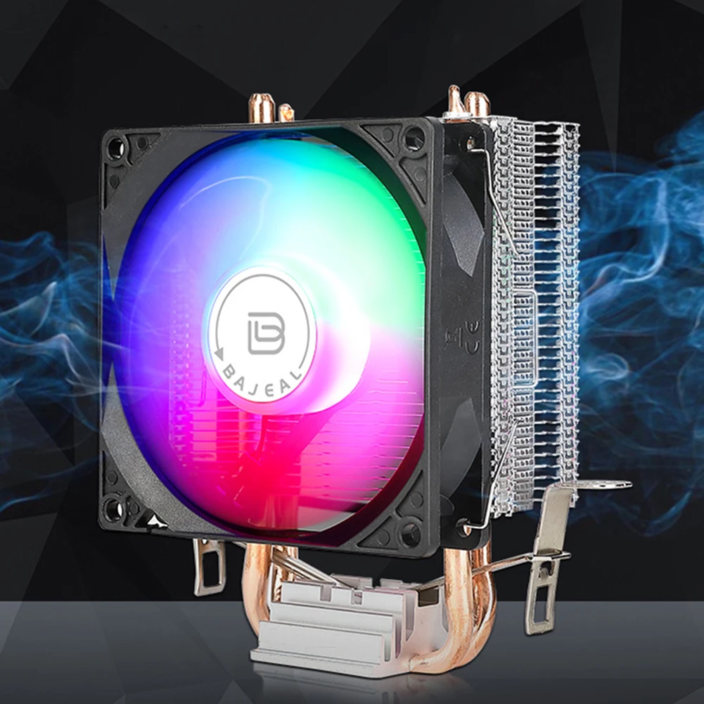 90mm CPU Cooler with 2 Heat Pipes CPU Air Cooler 3PIN Quiet Rainbow RGB Cooling Fan for Intel 1150/1151/1155/1156/1200 AMD AM2