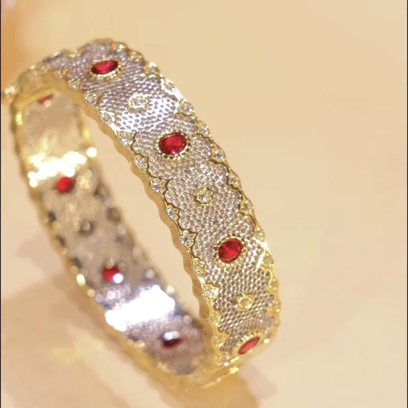 CAMEO Italian Vintage Jewelry Bracelet 925 Silver Synthetic Zircon Oval Ruby White Diamond Hollow out Lace Bangle