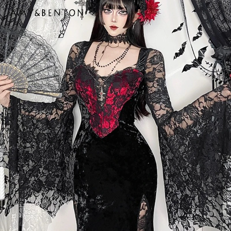 

French Court Style Halloween Women's Clothing Dark Gothic 2025 Autumn New Design Sexy Lace Hollow Out Slimming Dresses Ladies