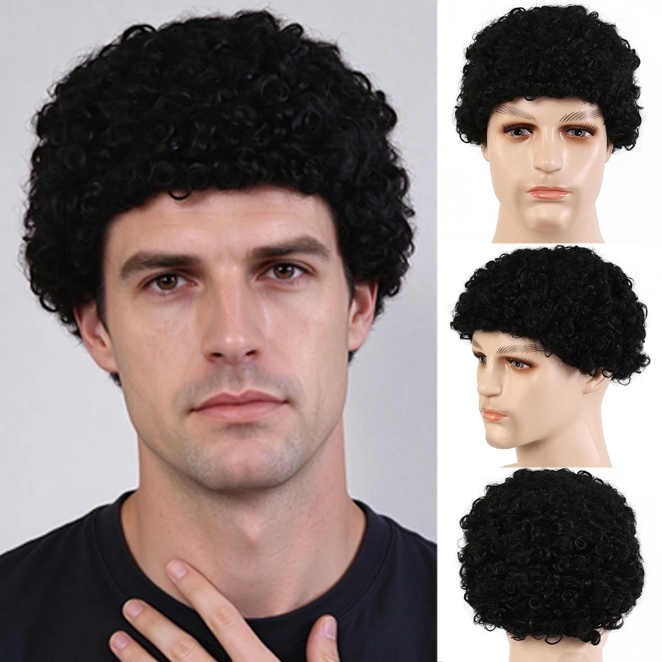 Synthetic Men's Short Curly Hair Wig African Small Curly Fluffy Wig Suitable for Halloween Cosplay and Daily Parties