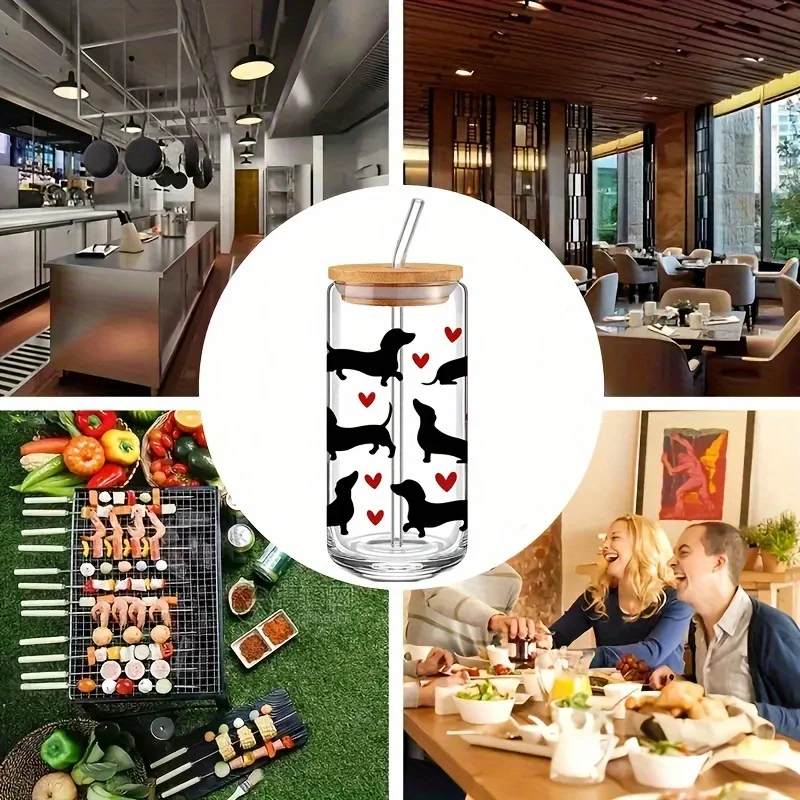 13.5 أوقية/18.6 أوقية نظارات القهوة السجق الكلب على شكل قلب كوب زجاجي مطبوع مع غطاء من الخيزران القش لهدايا عيد الميلاد هدايا عيد الميلاد