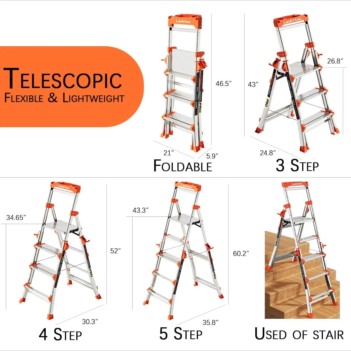 Ladder, Aluminum 5 Step Ladder with Handrails, Anti-Slip Wide Pedal, Tool Platform, Folding Step Stool Step Ladder for Stairs