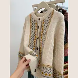 Ning Bangzhu Fair Isle Round Neck Temperament Knitted Cardigan Sweater Jacket Wide Loose Soft Waxy Lazy Style Top Thickened