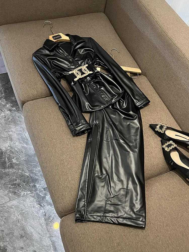 

Ele mat Women's Leather Jaet And Skirt Two-Piece Set High-End Feelings European Sle Autumn Collection