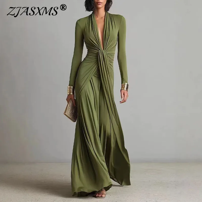 

Женское элегантное макси-платье с глубоким V-образным вырезом, весеннее, с узлом и драпировкой, в пол, вечернее, осеннее, новое, с длинным рукавом, приталенное, в стиле бохо