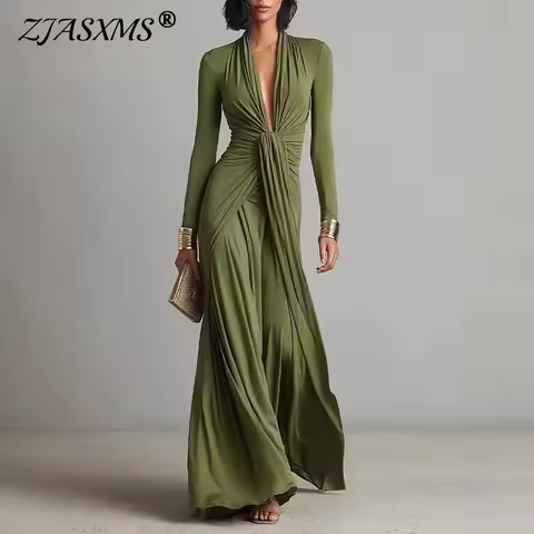 Women's Elegant Deep V Neck Maxi Dress Spring Twist Knot Ruched Floor-Length Evening Gown Autumn New Long Sleeve Slim Boho Dress