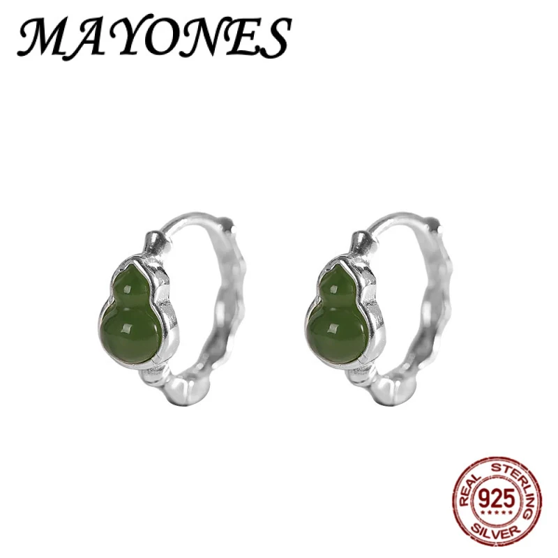 

New 925 Pure Silver Natural Hetian Jade Gourd Small Hoop Earrings For Women Minimalist Fashion Light Luxury Jewelry 14mm