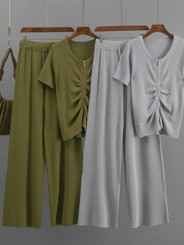 

Casual Knitted round Ne ort Sve Color Top And Wide Leg Pants Two Piece Set Comfortable Breathable Summer Outfit