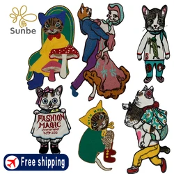 Cat Embroidered Applique Patches Cute Cartoon Cat Sew On Badge DIY Clothes Backpacks Shoes Animals Fabric Repairing  Decoration