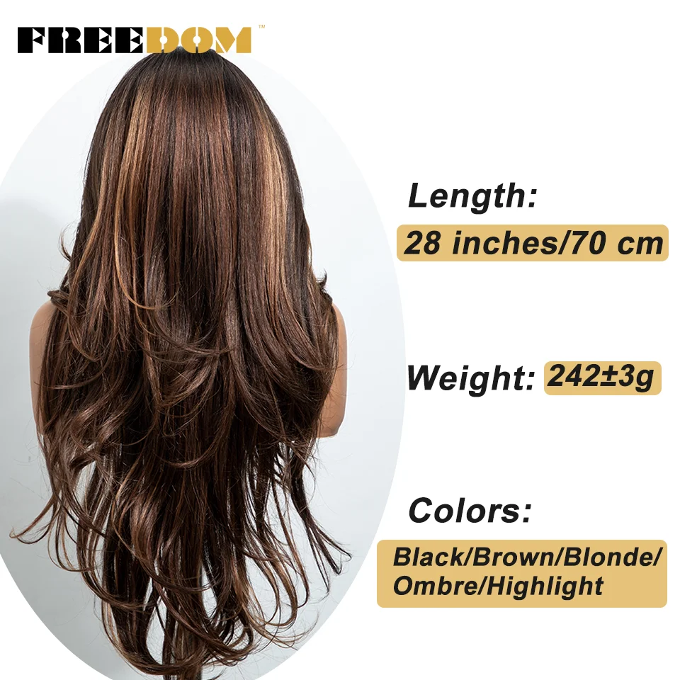 FREEDOM Synthetische Lace-Front-Perücken für schwarze Frauen, 28 Zoll, 13x4, vorgezupft, geschichtet, Ombre Braun Blond Highlight, Perücken für den täglichen Gebrauch – Detail 6