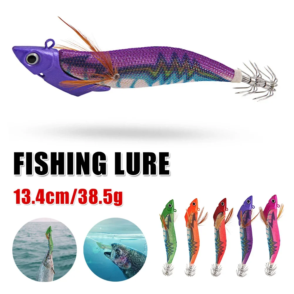 Lure Sea Fishing Cuttlefish Artificial Bait 13.4cm/38.5g Luminous Squid Lure Shrimp Jig Wood Octopus Jigging Fishing Lure Tackle