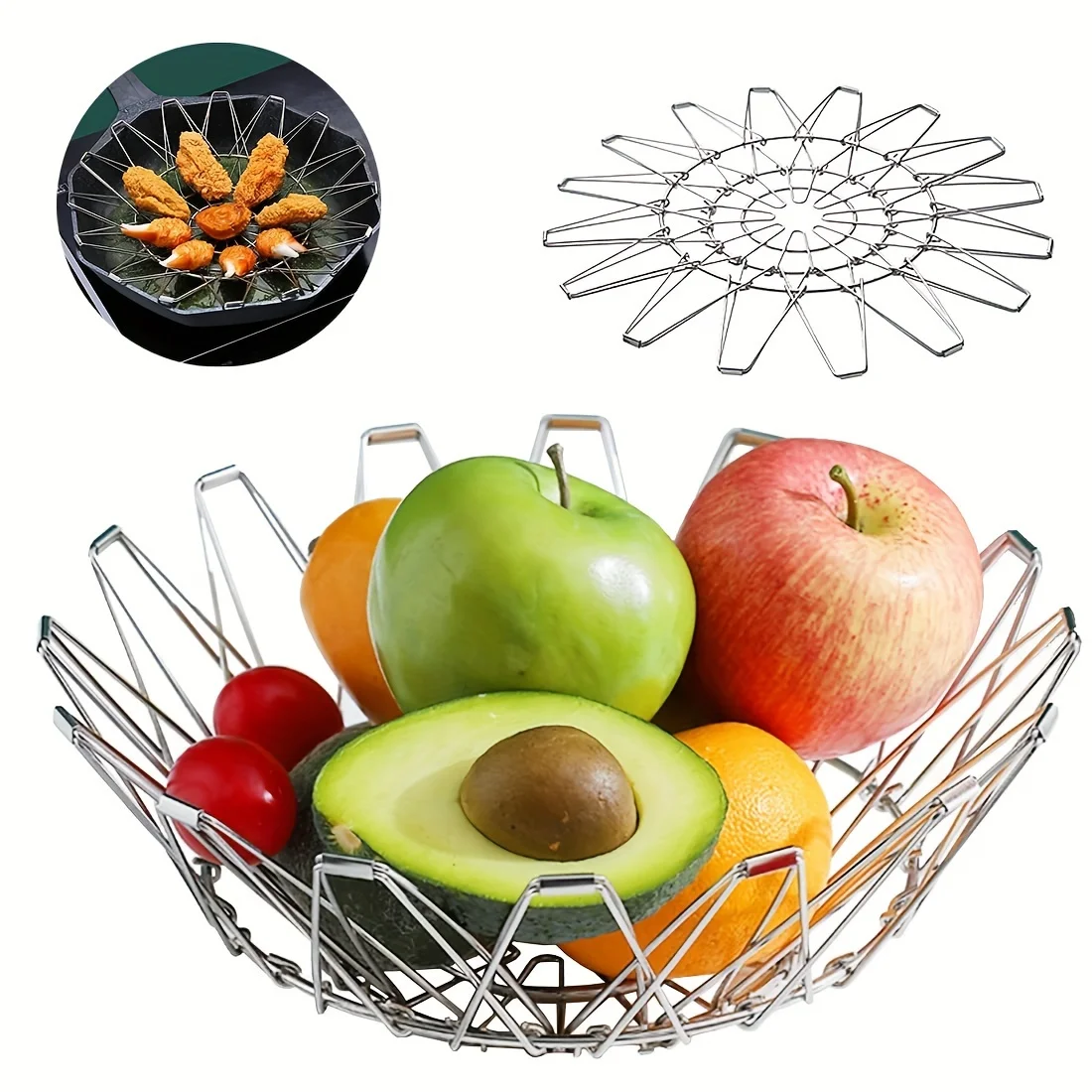 Stainless Steel Fruit Bowl, 1 Count Foldable Fruit & Vegetable Basket, Multifunctional Kitchen Storage Basket for Home