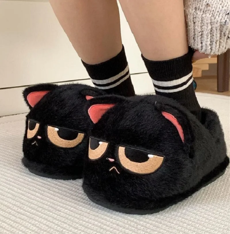 

New Snuffy Cat Slippers Woman Warm Wrapped Home Shoes Women's Angry Kitty Furry Slides Winter Snug Close Back Slipper for Couple